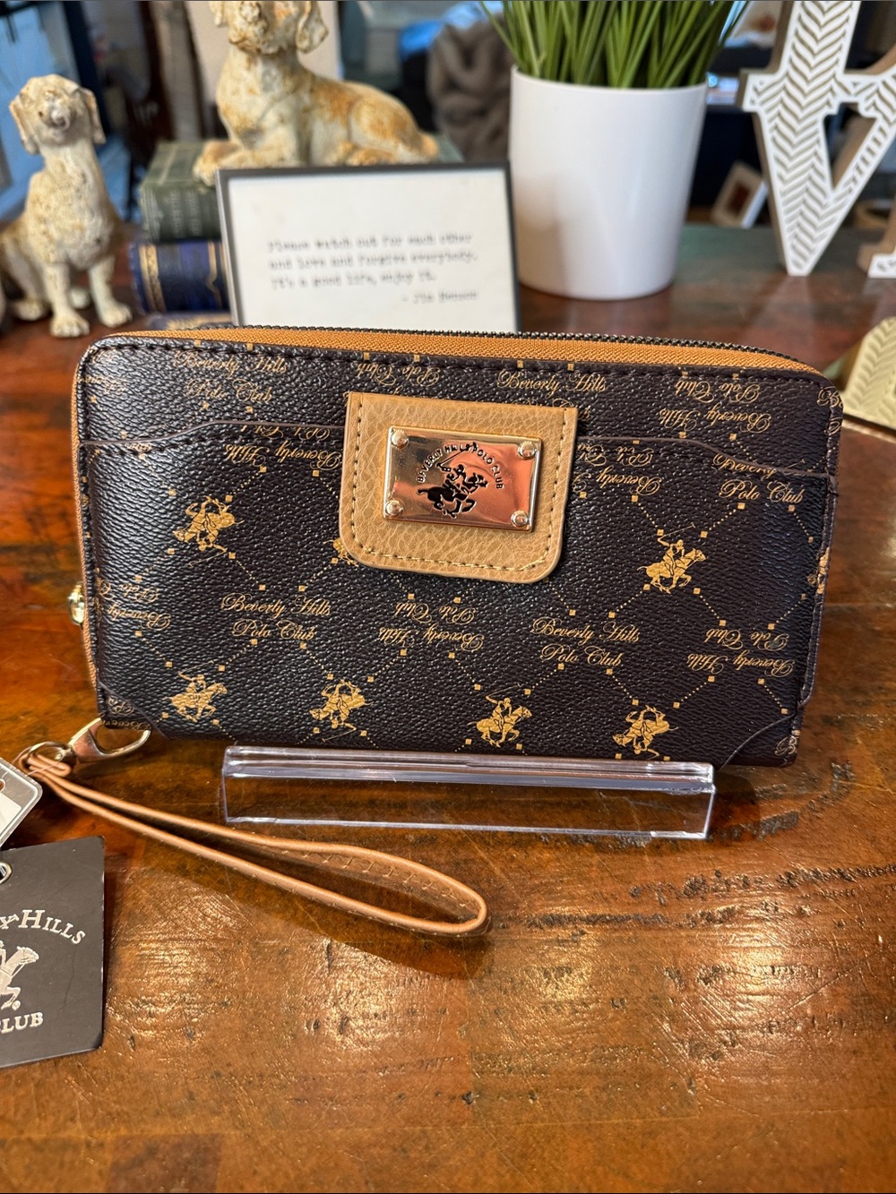 Beverly Hills Polo Club Brown and Tan Logo Zip Wallet Wristlet